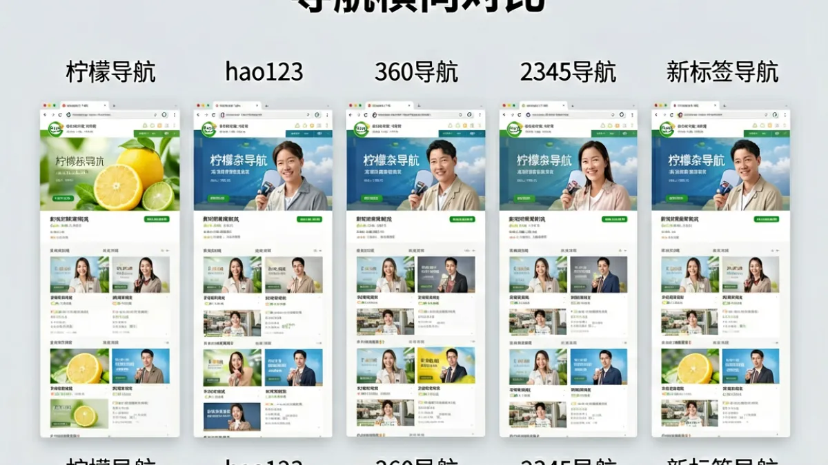 柠檬导航与hao123、360导航、2345等主流网址导航的各项指标横向对比示意图，桌面端界面并排显示