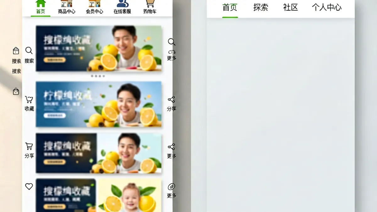 柠檬导航与其他导航网站的界面风格对比示意图，突出柠檬导航清爽无冗余广告的页面特征
